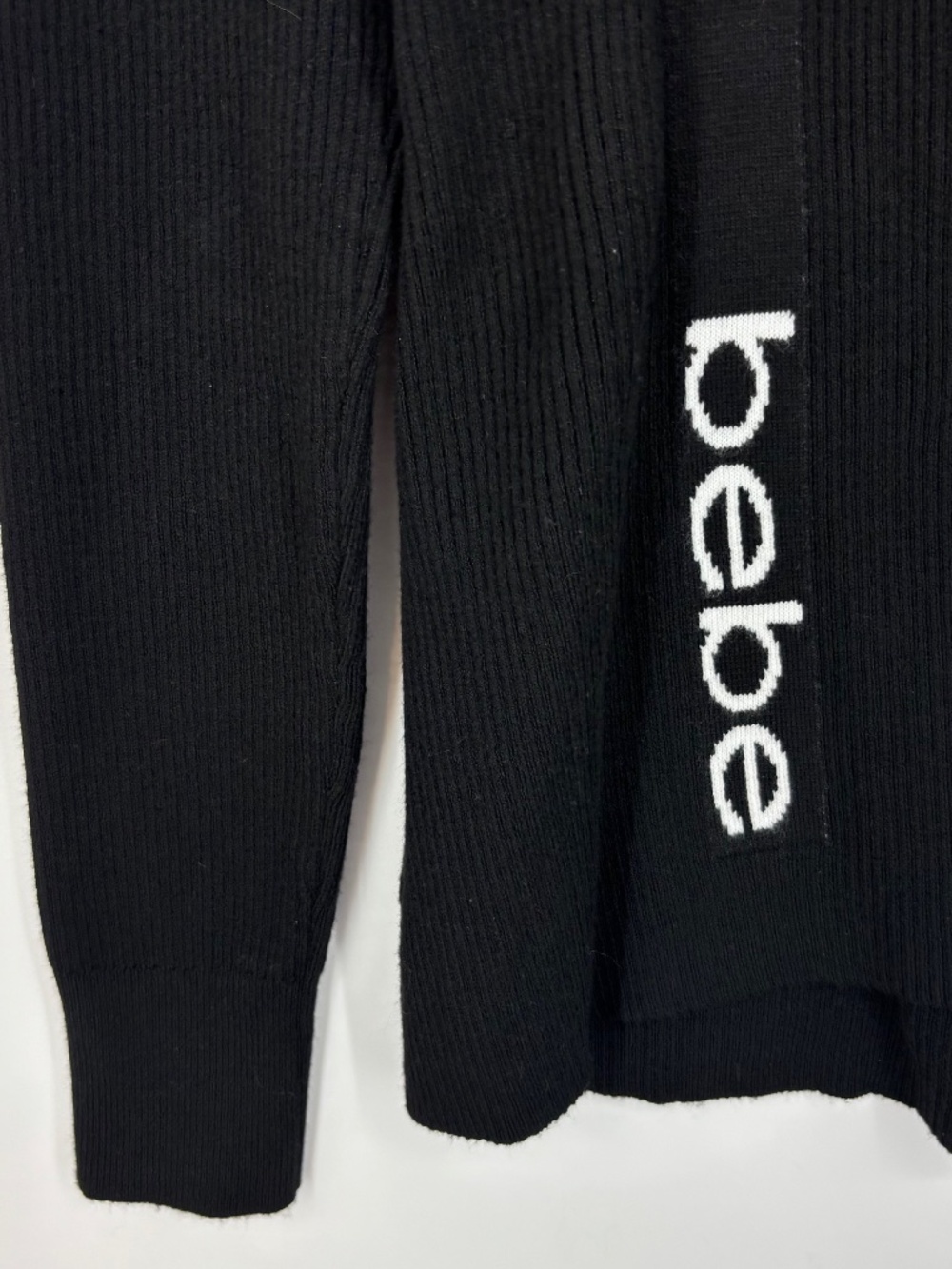 BEBE Womens XL Asymmetric Ribbed Knit Sweater Black Side LOGO Surplice Faux Wrap - Picture 4 of 8